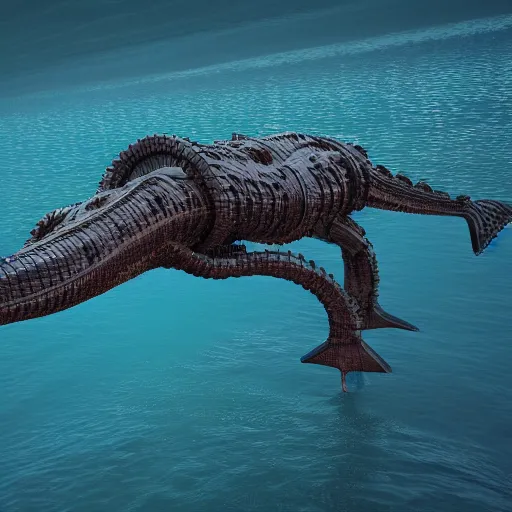 Image similar to a robot similar to the lochness monster in the ocean, octane render, 3D