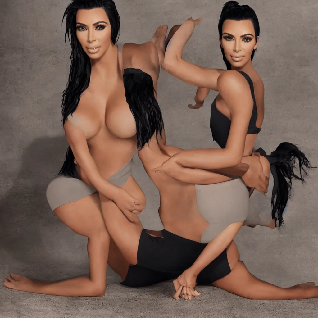 Image similar to kim kardashian, full body pose, yoga, 8 k, tan
