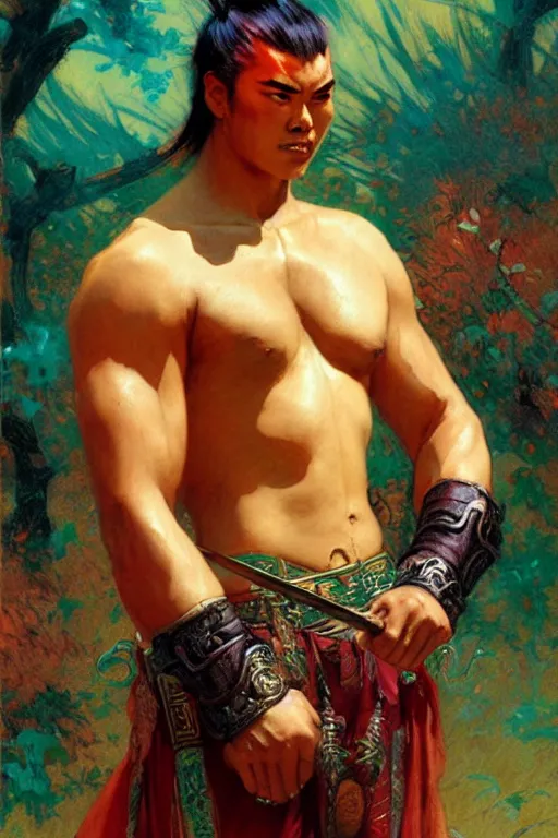 Prompt: wuxia, beefy male, character design, colorful, painting by gaston bussiere, craig mullins, j. c. leyendecker, tom of finland