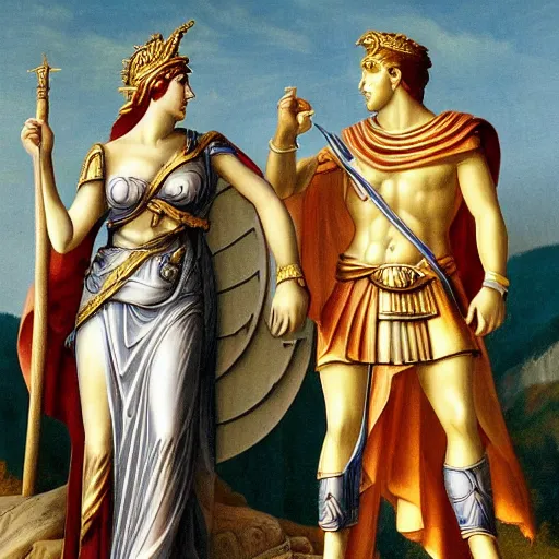 Image similar to photo of the goddess athena talking with odysseus, discussing battle strategy, photorealistic, prizewinning photo, ultradetailed, cloudy day lighting