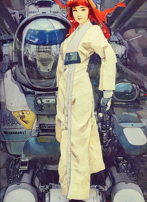 Image similar to a copic maker art nouveau portrait of a japanese anime girl wearing a futuristic balenciaga pilot suit with a puffy kimono by john berkey norman rockwell