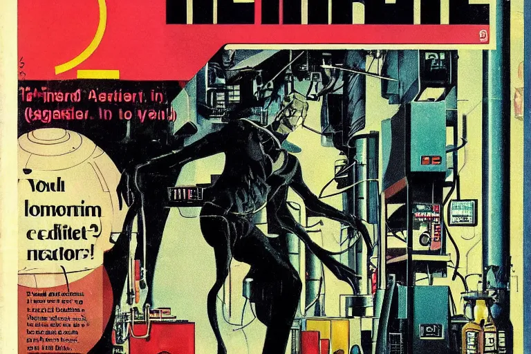 Image similar to 1979 OMNI Magazine Cover depicting a large tall Mr Hyde standing in a laboratory. Cyberpunk Akira style by Vincent Di Fate