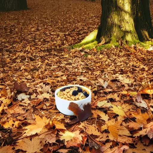 Image similar to a distant photo of a bowl of cereal on a forest floor in autumn while a shadowy man hides behind a tree