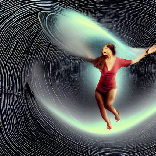 Prompt: woman falling through a black hole that leads to hell with all her enemies surrounding her
