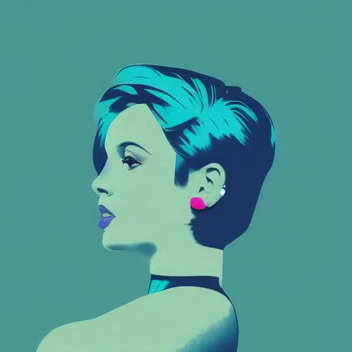 Prompt: a girl with short turquoise hair, made of many colorful flat color minimal shapes and curves, modern graphic design, decorative art deco background, artsy, graphic design profile picture