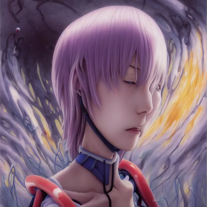 Image similar to Rei Ayanami, Closeup Female Anime Character, Japan Lush Forest, official anime key media, Iwakura Lain, LSD Dream Emulator, paranoiascape ps1, official anime key media, painting by Vladimir Volegov, beksinski and dan mumford, giygas, technological rings, johfra bosschart, Leviathan awakening from Japan in a Radially Symmetric Alien Megastructure turbulent bismuth glitchart, Atmospheric Cinematic Environmental & Architectural Design Concept Art by Tom Bagshaw Jana Schirmer Jared Exposure to Cyannic Energy, Darksouls Concept art by Finnian Macmanus