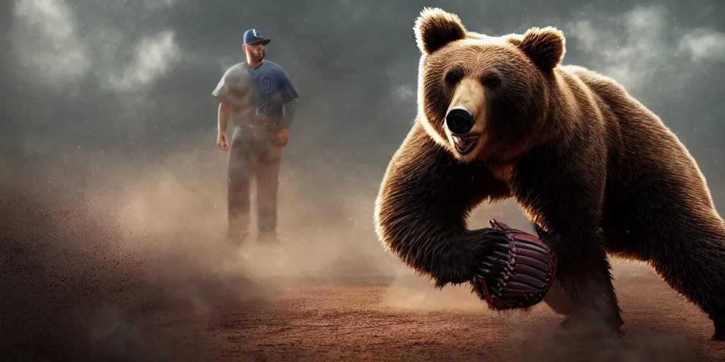Image similar to bear in a baseball uniform, realistic 4 k octane beautifully detailed render, 4 k post - processing, highly detailed, intricate complexity, epic composition, magical atmosphere, cinematic lighting, masterpiece, ultra hd