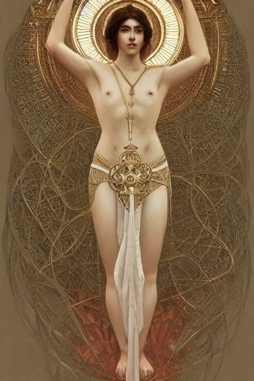 Image similar to a full body portrait of a beautiful ethereal delicate sumerian mage queen meditative sacral pose catholic stages of the cross, intricate, elegant, highly detailed, digital painting, artstation, concept art, smooth, sharp focus, illustration, art by krenz cushart and artem demura and alphonse mucha