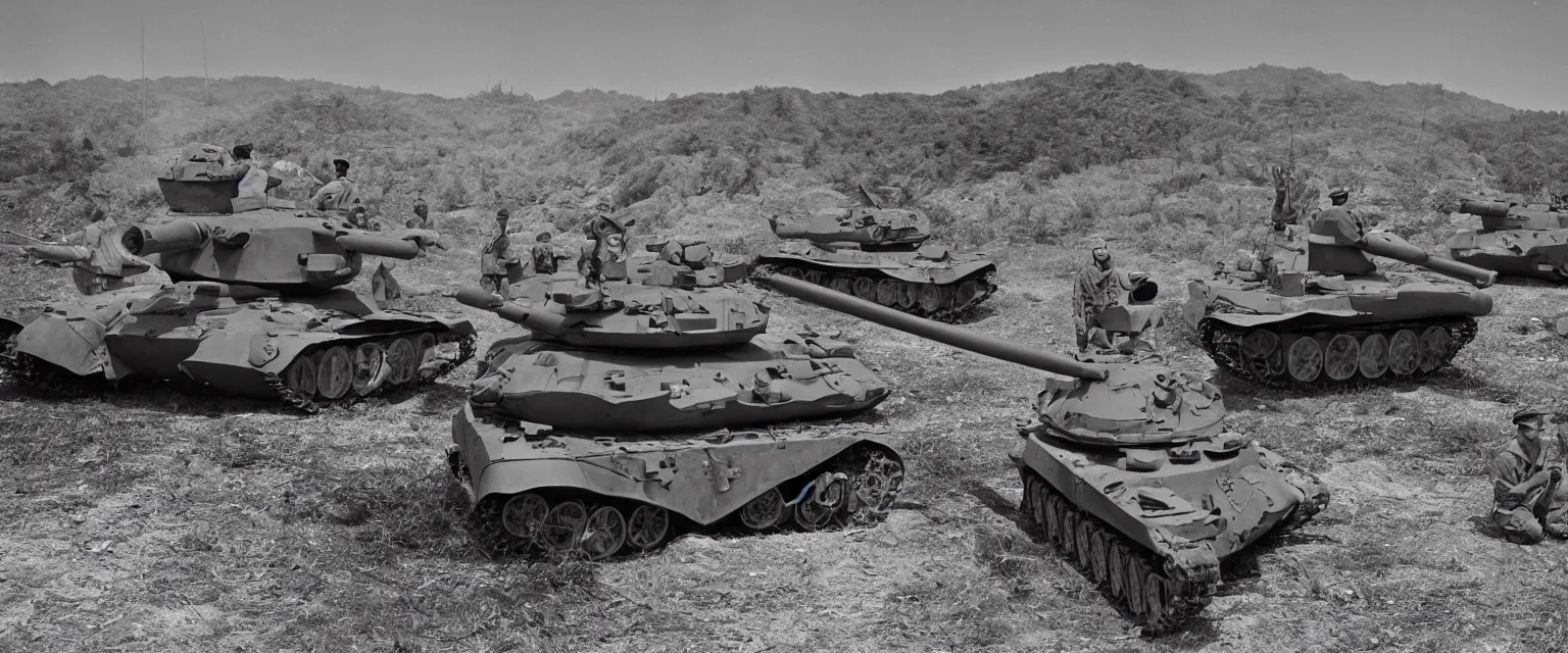 Image similar to detailed sharp photograph in the style of popular science circa 1 9 5 5 and gregory crewdson of soldiers on a tank in korean war