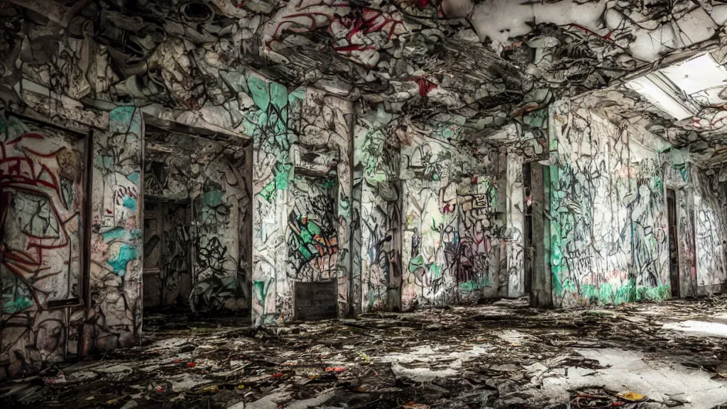 Image similar to abandoned overgrown interior, graffiti covered walls, peeling paint, volumetric lighting, creepy, highly detailed