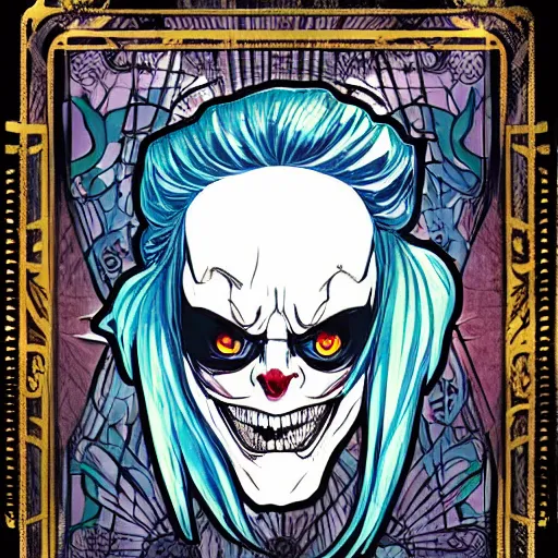 Image similar to anime manga skull portrait marvel young woman joker dc balloons comic skeleton illustration style by Alphonse Mucha pop art nouveau