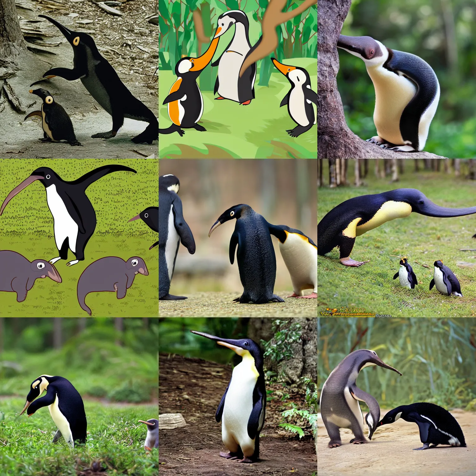 Prompt: anteater : snake : penguin : forest