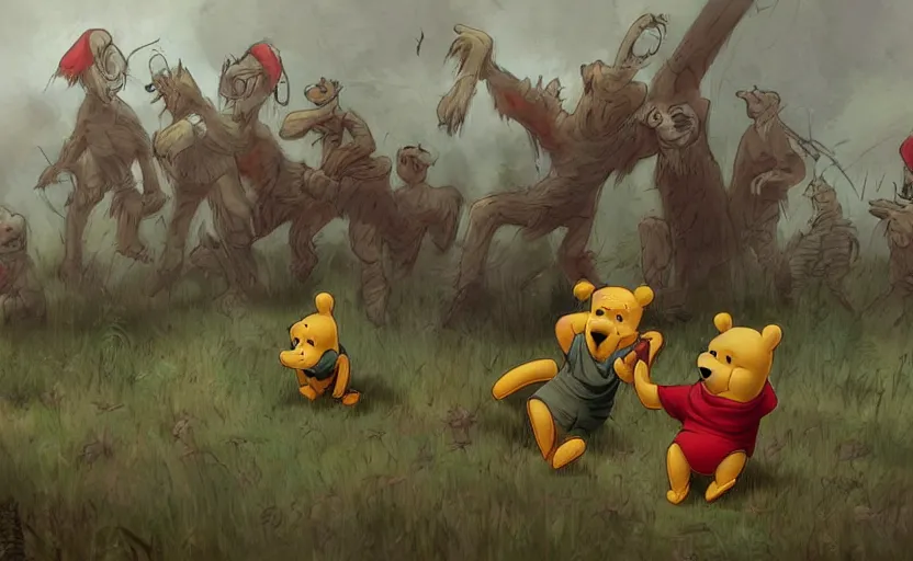 Prompt: winnie the pooh as zombie during d - day, hyperdetailed, artstation, cgsociety, 8 k