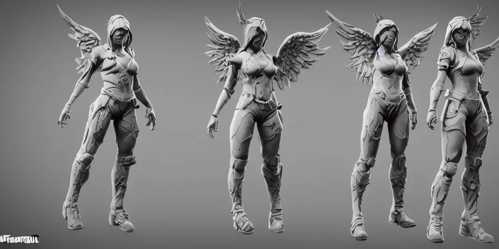 Prompt: full-body character sheet of angel and heaven accurate face deatails ,intense detail,highly detailed faces for the video game ‘fortnite’ by Epic Games, 3d render, octane render, 4K, volumetric, trending on art station