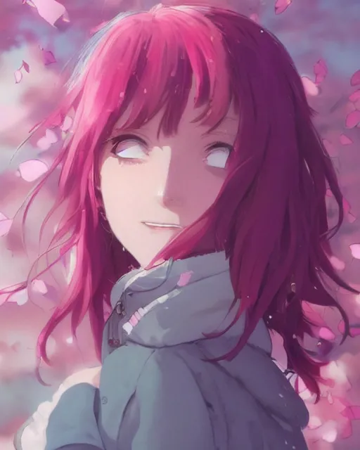 Image similar to happy teenage girl side face with pink curly pastel hair .Many single strips of hair floating in the air. Bright big eyes. Fine particles of red leaves.，cute, anime wallpaper，Sunlight on the face.by Krenz Cushart, Ian McQue, Ilya Kuvshinov, CloverWorks.vivid color.Shining highlights