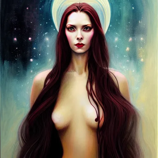 Prompt: portrait of a female wizard in flowing sensual dress, long flowing hair, delicate, looking at camera, slightly smiling, realistic face, stylish, elegant, extremely detailed painting inspired by Gerald Brom, stunning lighting