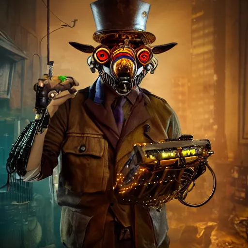 Prompt: gamekeeper wearing a steampunk and neonpunk mechanical fluorescent mystical animal mask in a steampunk city, night, realism, 4 k, octane render, award winning photograph, epic cinematic shot, perfectly defined features, ambient occlusion