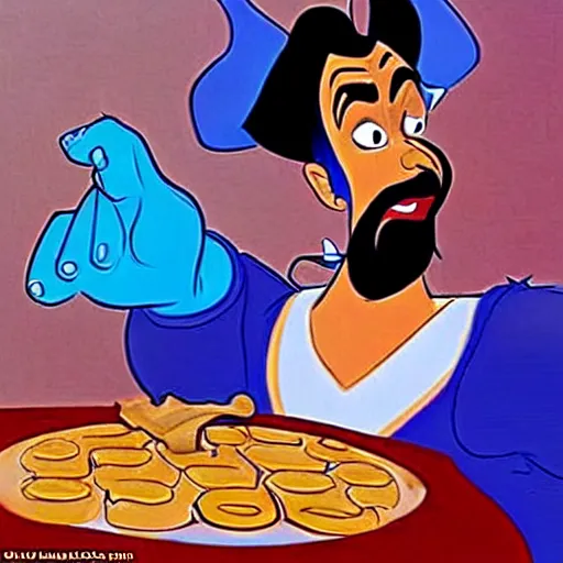 Image similar to the genie from aladdin hates waffles, he hates waffles so much, he wants to destroy any waffle he sees. the genie from aladdin sees some waffles right now