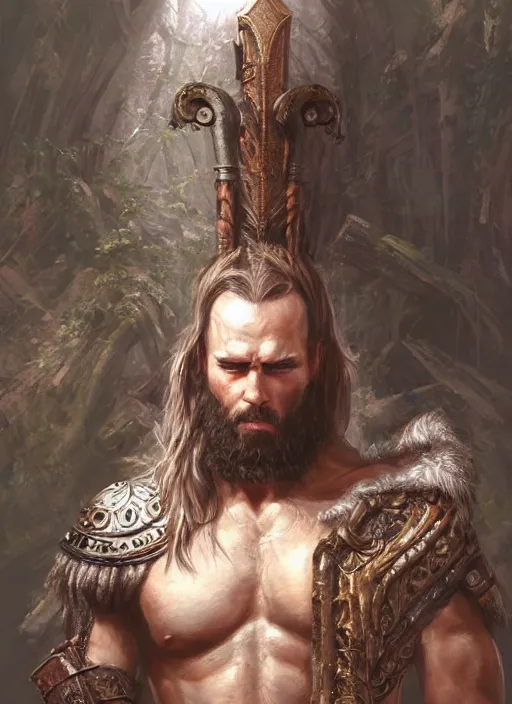 Image similar to realistic portrait painting of a male fantasy barbarian warrior, old mystic ruins, afternoon, intricate, elegant, highly detailed, digital painting, sharp, focus, by artgerm and greg rutkowski