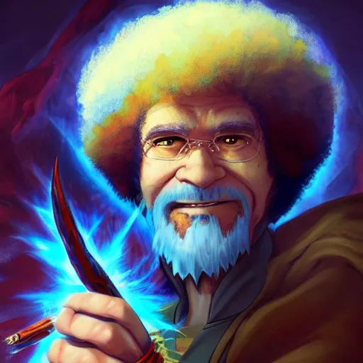 Image similar to anime portrait of Bob Ross as a shaman yedi using dark force to eliminate trump as an anime antagonist by Stanley Artgerm Lau, WLOP, Rossdraws, James Jean, Andrei Riabovitchev, Marc Simonetti, and Sakimichan, trending on artstation