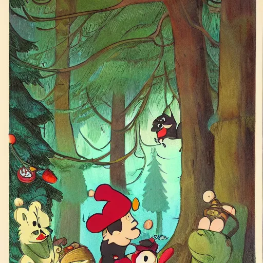 Image similar to magical forest, bear, trees, honey, 1 9 2 0 s cartoon, rubber hose, fleischer studios, portrait, merry melodies, sharp focus