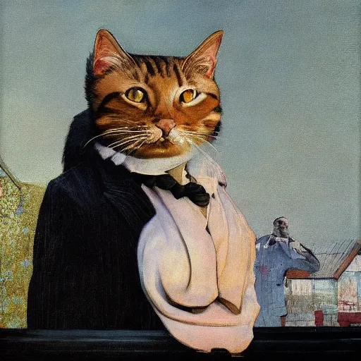 Image similar to Portrait of Man disguised as Tabby Cat wearing a pink tuxedo Standing atop a Garbage Truck Newell Convers Wyeth Andrew Wyeth Jamie Wyeth