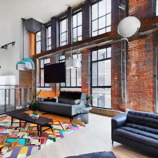 Prompt: trendy downtown loft with modern murals on the wall, modern wall art and patterns, professional photographed interior design, beautiful architecture