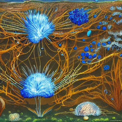 Image similar to beautiful and artistic mycelium on a fantastic planet and unusual inhabitants of the oceans, highly detailed