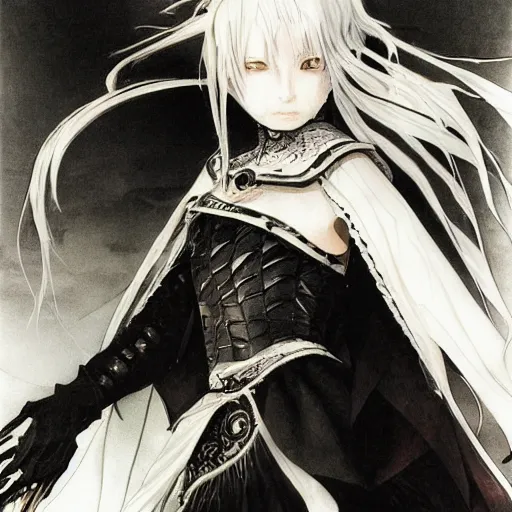 Image similar to Yoshitaka Amano blurred and dreamy illustration of an anime girl with pirate eye patch, wavy white hair and cracks on her face wearing Elden ring armour with the cape fluttering in the wind, abstract black and white patterns on the background, noisy film grain effect, highly detailed, Renaissance oil painting, weird portrait angle