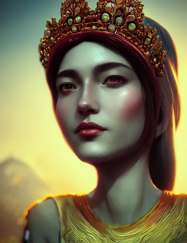 Image similar to blurred background. close-up portrait of a goddess in crown, by Ruby Kurosawaand Afarin Sajedi and Alena Aenami. octane render. superrealism