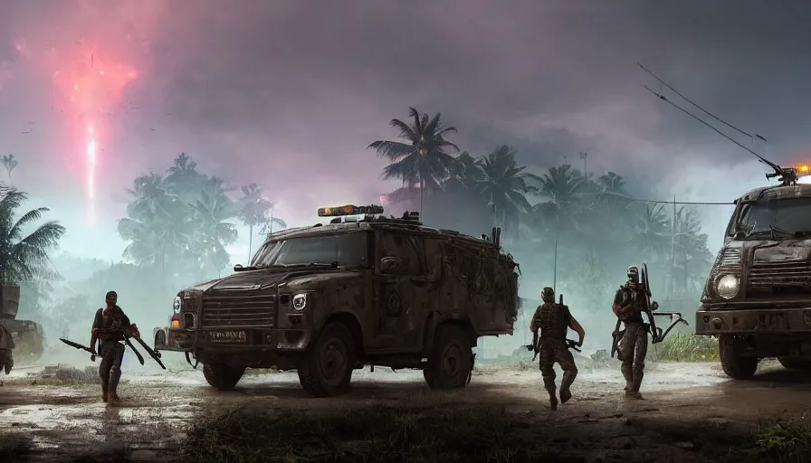 Image similar to a militarized police vehicle riding through a kerala village, troops searching the area, furious action scene, an epic fantasy, dramatic lighting, cinematic, establishing shot, extremely high detail, photorealistic, cinematic lighting, tending on artstation, matte painting, octane render, by simon stalenhag, shadow of the tomb raider, aesthetic