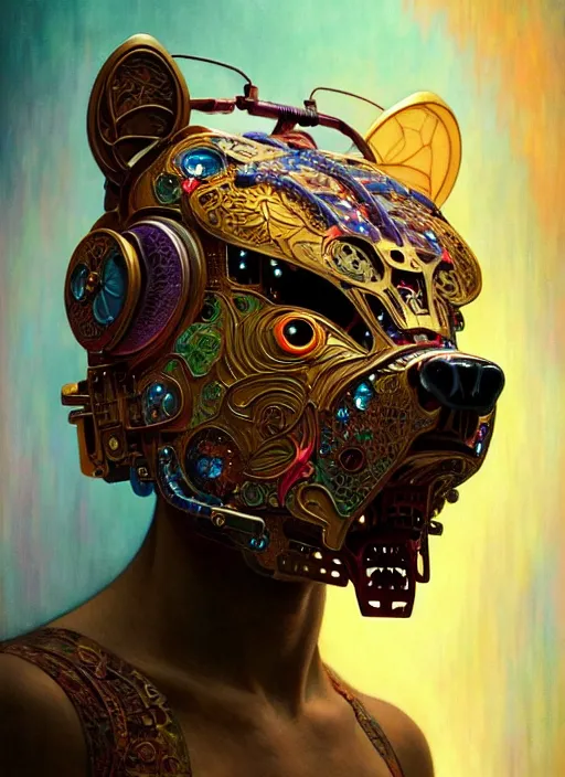 Prompt: organic cyborg, asian brightly coloured bear mask opening, diffuse lighting, fantasy, intricate, elegant, highly detailed, lifelike, photorealistic, digital painting, artstation, illustration, concept art, smooth, sharp focus, art by John Collier and Albert Aublet and Krenz Cushart and Artem Demura and Alphonse Mucha