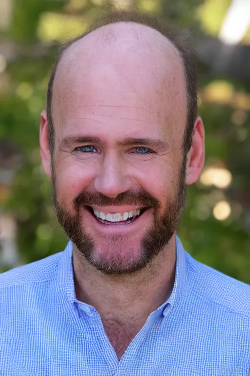 Image similar to full body color photograph of a balding, middle aged, brown haired, hairy, blue eyed, round faced, short white man dressed in a white shirt, smiling at the camera with perfect, straight white teeth