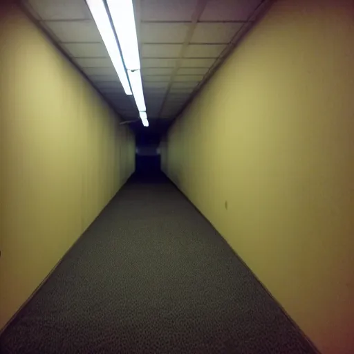 Prompt: flash low quality photograph of the backrooms, mustard - yellow old moldy moist carpet room, empty liminal space, very dark shadows, broken fluorescent lighting, horror movie scene, film grain