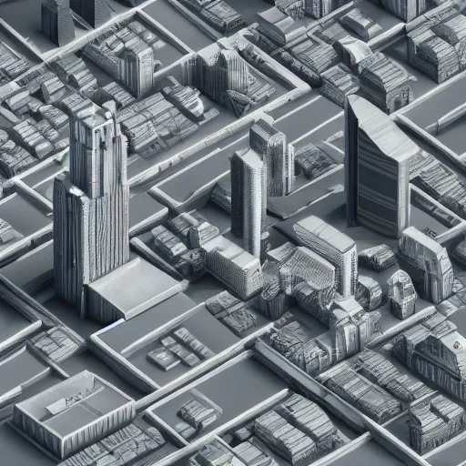 Image similar to an isometric overview Blender 3D model of a metropolis with a river in the middle, 3D grey buildings, octane render