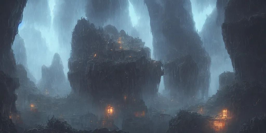 Image similar to a fantasy city built within a vast cave, illustration, raining, dark and moody lighting, digital art, fantasy, 8 k, trending on artstation, detailed