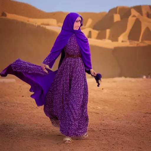 Prompt: low shot photo of feminine and lean arab woman wearing a long purple dress, strutting and looking fierce, with najdi mud houses in the background, early evening, starry sky, in the style of annie leibovitz amd steve meiele