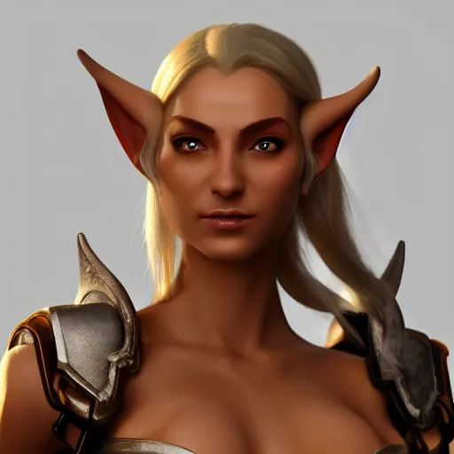 Image similar to portrait of a beautiful female high elf with tan skin, 3 d octane render trending on art station 8 k