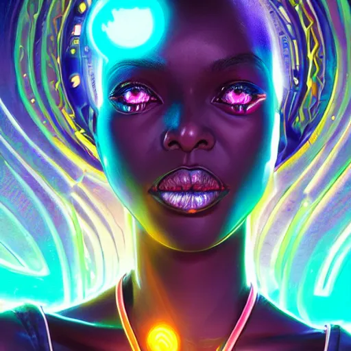 Image similar to african neon necromancer, science fiction, highly detailed, digital painting, beautiful eyes, symmetry, concept art, sharp focus, illustration, global illumination, radiant light, synthwave colors, detailed and intricate environment, art by artgerm and greg rutkowski and magali villeneuve and ilya kuvshinov!