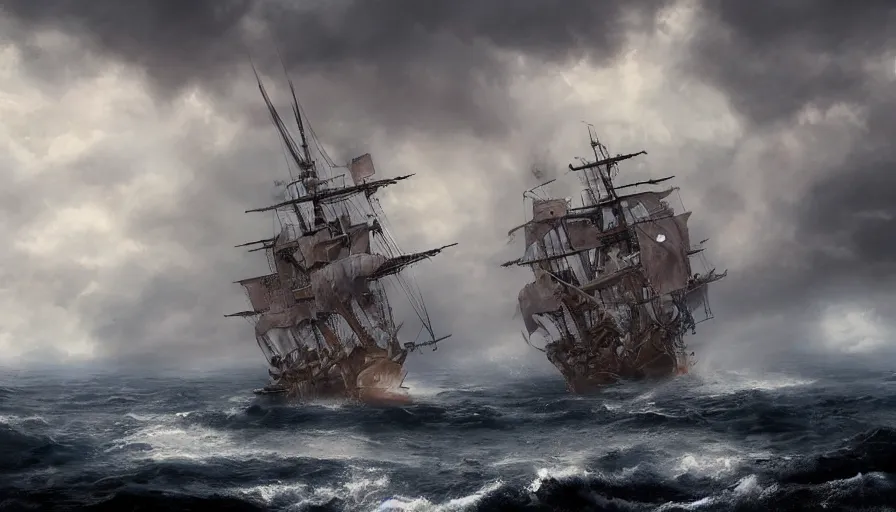 Prompt: Pirate ship flying in the stormy sky, hyperdetailed, artstation, cgsociety, 8k