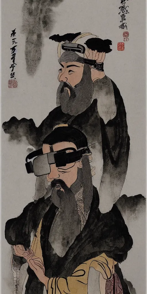 Prompt: confucius wearing vr headset, chinese ink painting