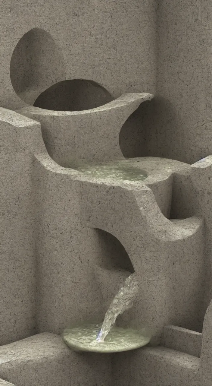 Image similar to a stream of water entering into a machine made from amphoras and producing a large coin, in the style of a carlo scarpa fountain, architectural 3 d render, isometric, engineering, dynamic lighting, clay texture, 8 k