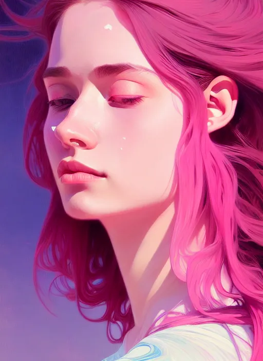 Prompt: handsome young women with shoulder length pink hair, half body shot, path traced, highly detailed, high quality, digital painting, alena aenami, lilia alvarado, shinji aramaki, karol bak, alphonse mucha, tom bagshaw