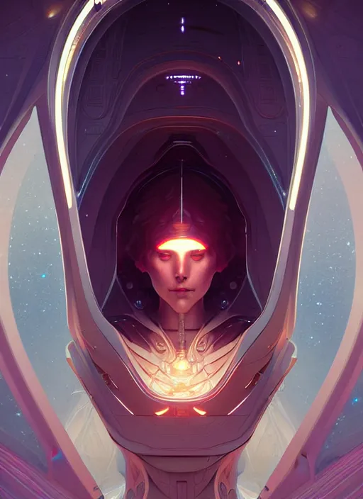 Image similar to symmetry, girl in a spaceship intricate, elegant, highly detailed, digital painting, artstation, concept art, smooth, sharp focus, illustration, art by artgerm and greg rutkowski and alphonse mucha