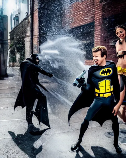 Image similar to happy batman firing super soaker water gun at playful criminals in an alleyway, everyone having fun, product advertisement, photography