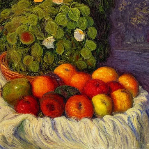 Image similar to in the style of Monet, a bowl of fruits, very highly detailed, 8k, wallpaper