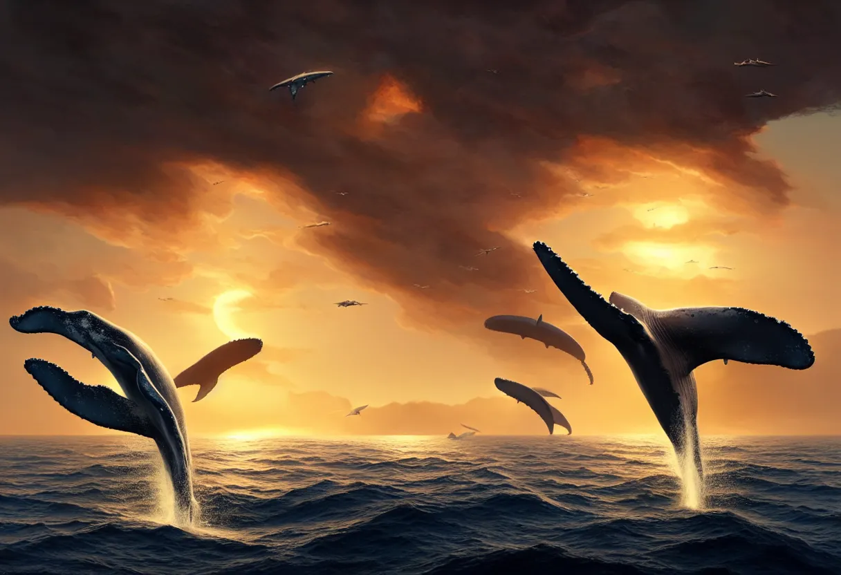 Image similar to magnificent whales flying up over the sea, autumn sunset, ultra high definition, ultra detailed, symmetry, fog, matte painting, by greg rutkowski and ross tran and wlop and roger dean