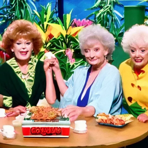 Prompt: Golden Girls cannabis mukbang with iguana guests Japanese game show 1996 divx rip