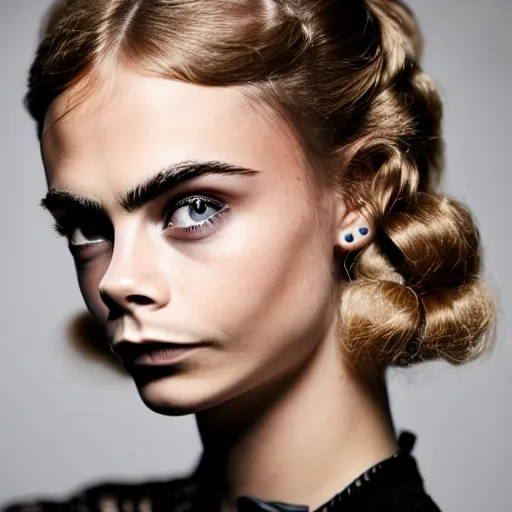 Image similar to photo of a gorgeous 20-year-old Cara Delevingne 1900s hairstyle by Mario Testino, detailed, head shot, award winning, Sony a7R -