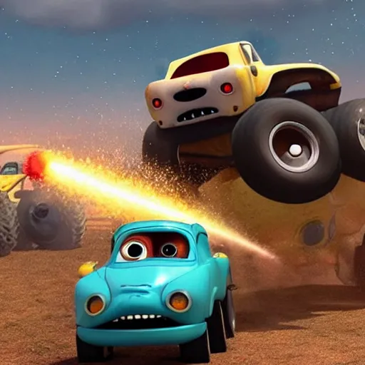 Prompt: A pug!! fighting a monster truck, pixar style